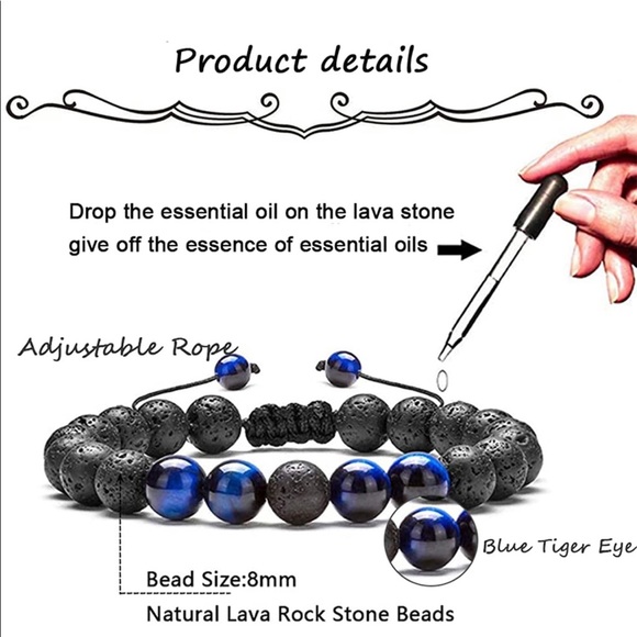 (BRAND NEW) MENS BLUE TIGERS EYE WITH LAVA STONE BRACELET. - Picture 2 of 3